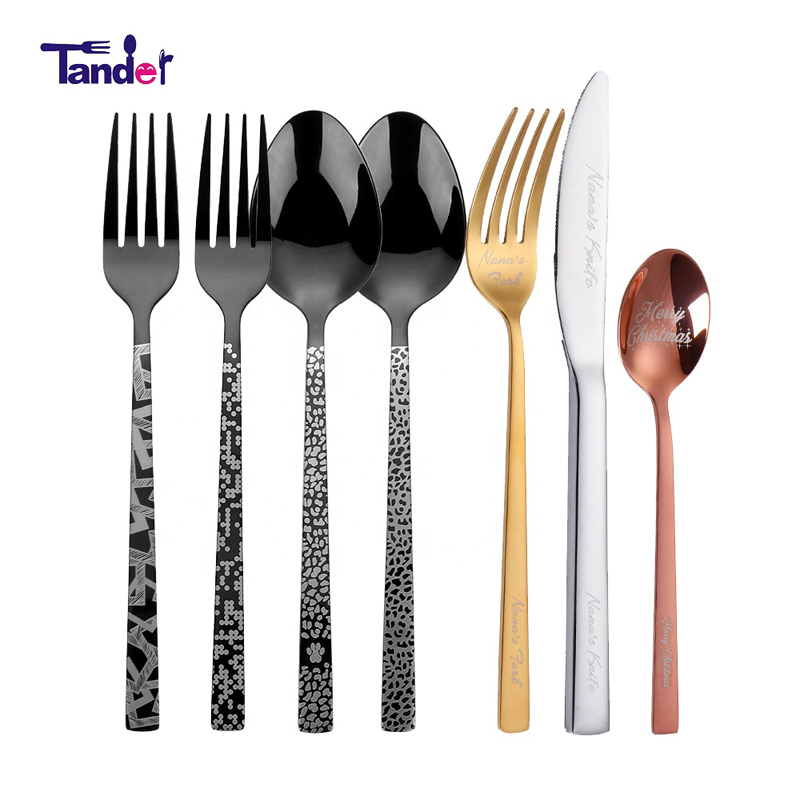 Dao kéo Laser tùy chỉnh Đen Vàng Kim loại Flatware Royal Restaurant Wedding Matte Gold Thép không gỉ Bộ dao kéo